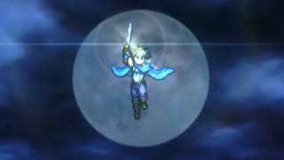 Screenshot from Suikoden Star Leap announcement trailer showing a pixel character leaping through the night sky while holding a sword aloft. The moon is bright behind him