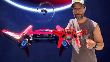 Screenshot of Intergalactic The Heretic Prophet's Porsche-designed 984 Tempest NDX alongside an image of Neil Druckmann posing with a Lego model of the ship