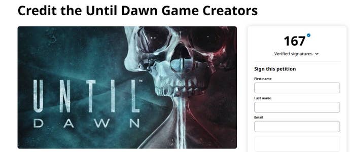 Screenshot of a petition to get Until Dawn's game creators credited on the recent film
