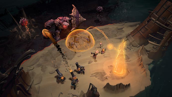 Captura de pantalla de As We Descend que muestra un paisaje rocoso con enormes personajes humanos disparando bazucas a grandes monstruos alienígenas.