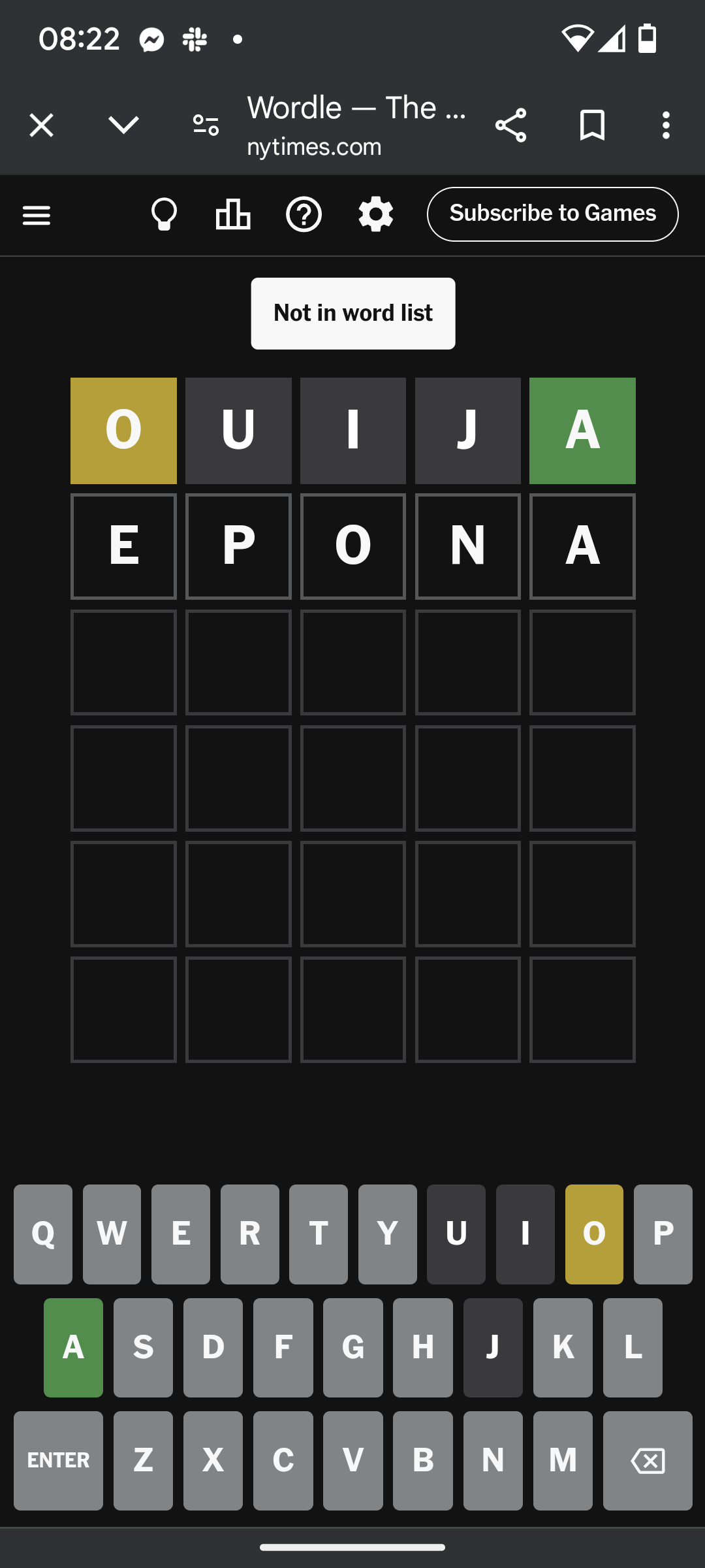 Screenshot from Victoria&rsquo;s phone showing her Wordle attempts, and Epona not being an accepted word