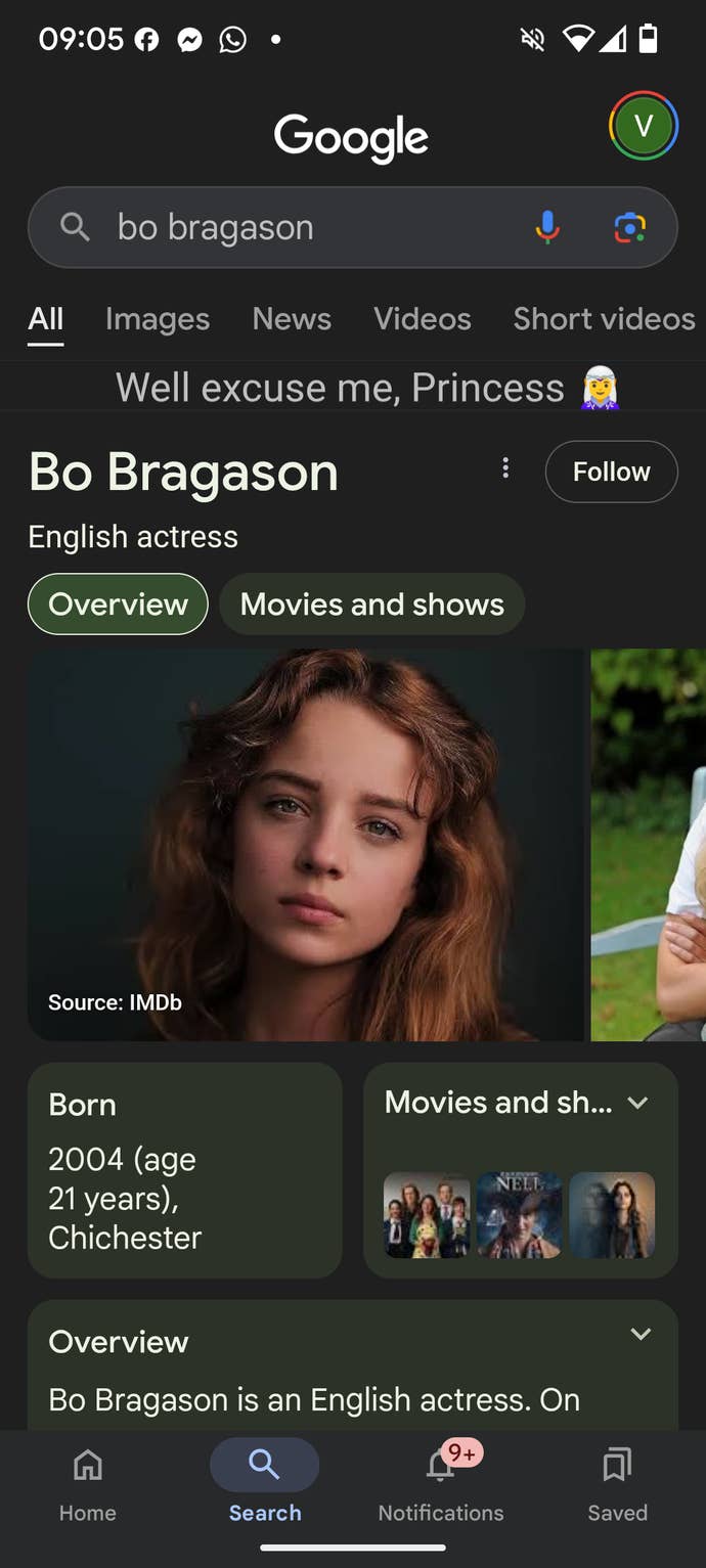 Captura de tela mostrando o que acontece quando você procura por Bo Bragason no celular
