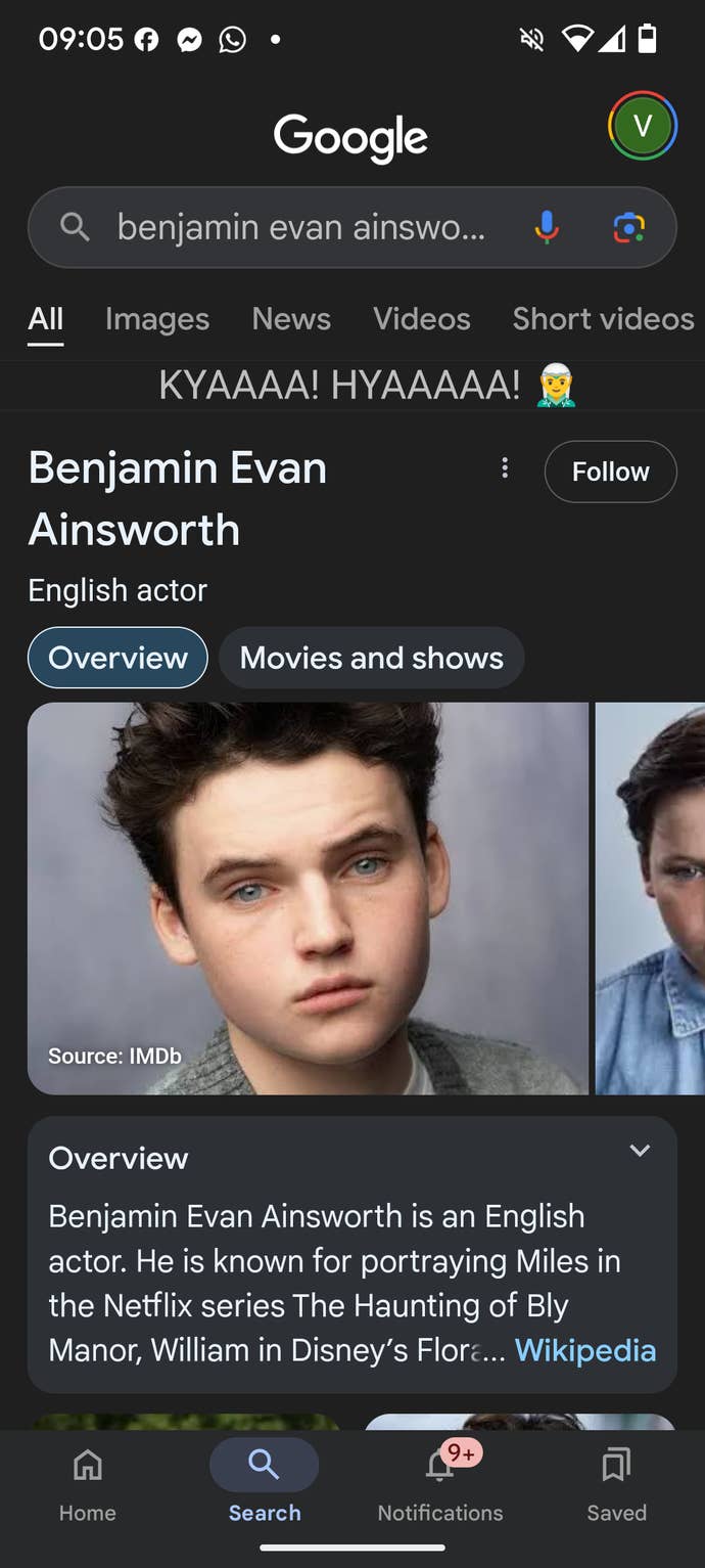 Captura de tela mostrando o que acontece quando você procura Benjamin Evan Ainsworth no celular