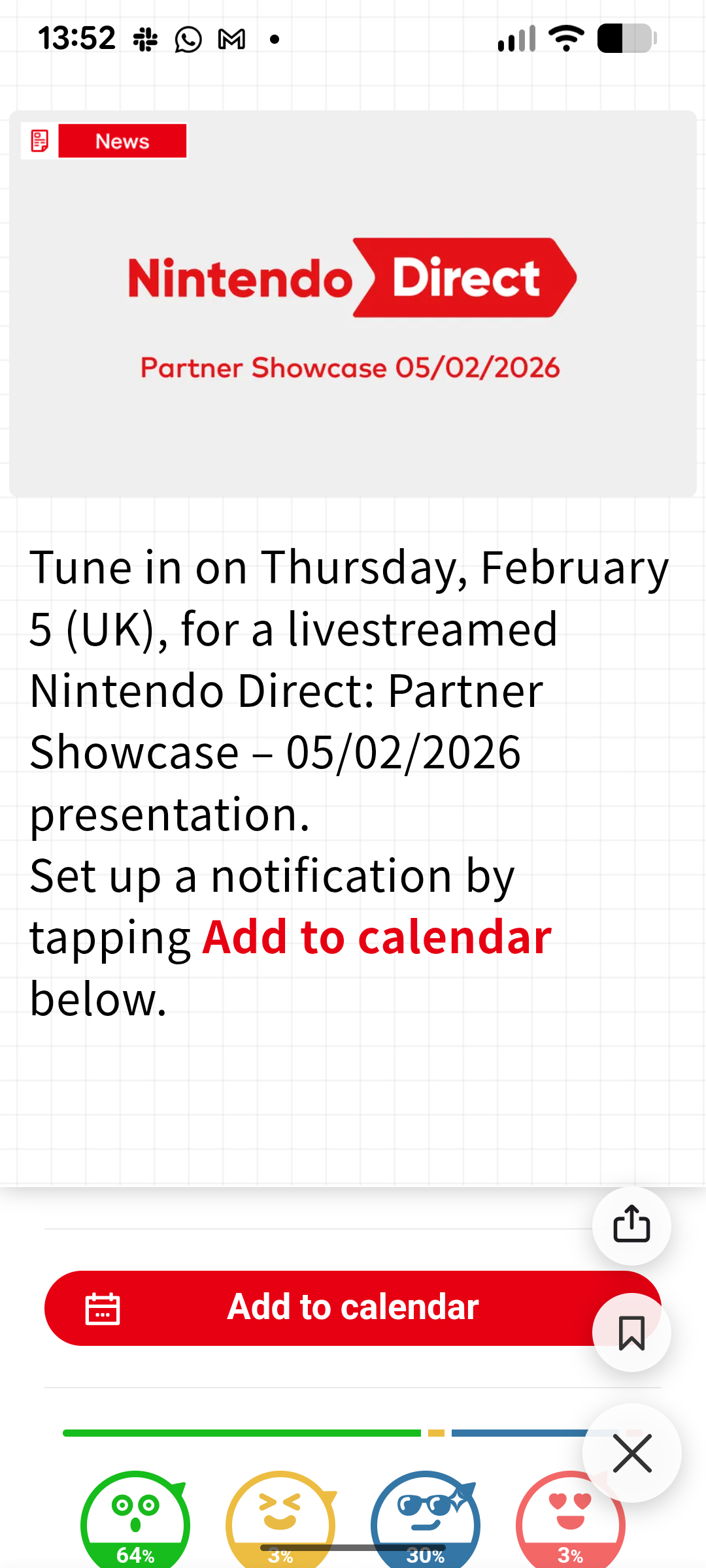 Screenshot z aplikace Nintendo Today oznamující Nintendo Direct
