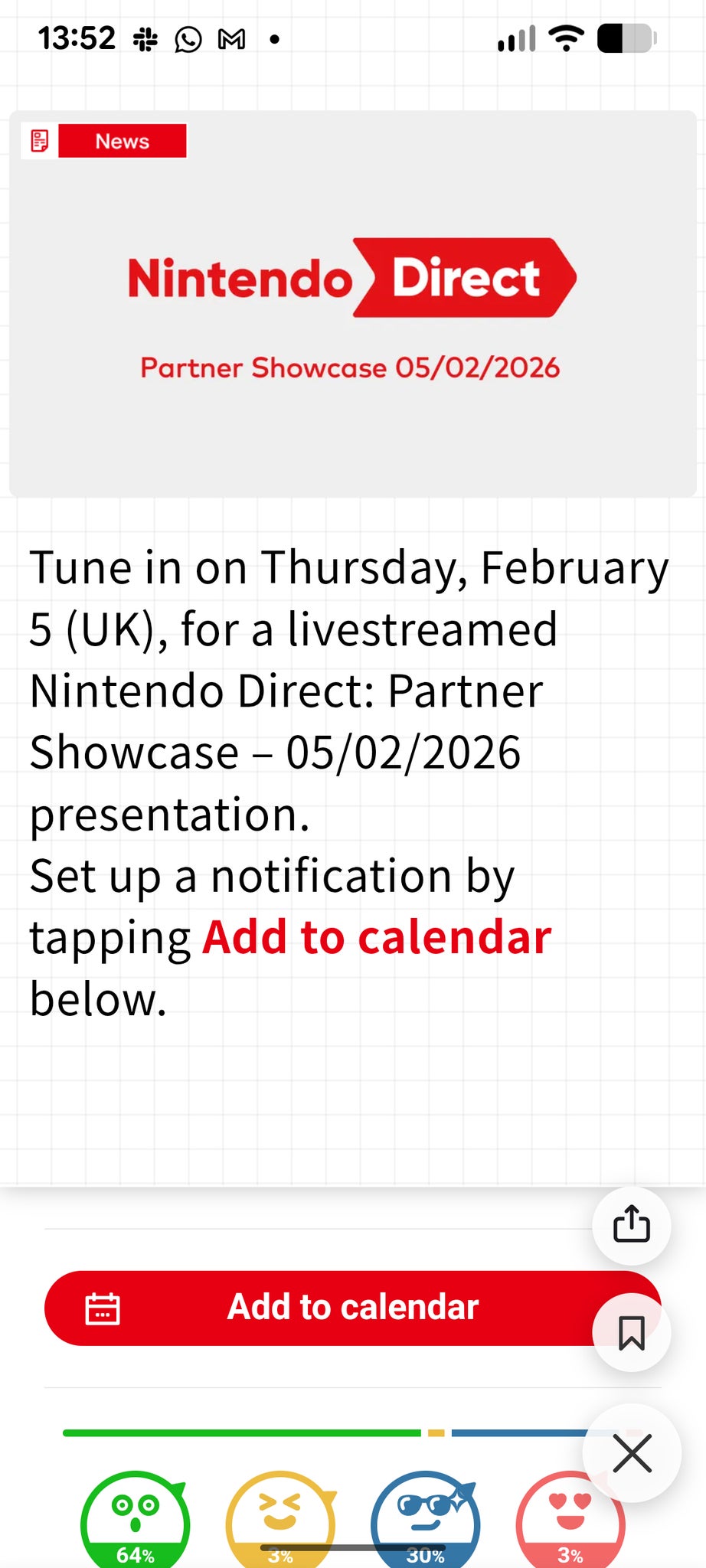 Screenshot z aplikace Nintendo Today oznamující Nintendo Direct