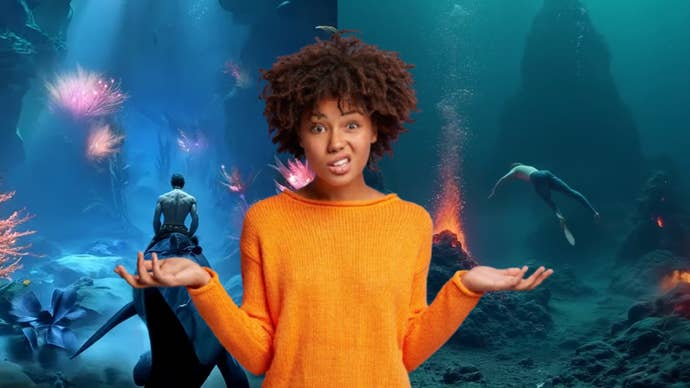 Screenshots from Ark: Aquatic trailer with a confused looking lady overlayed on top