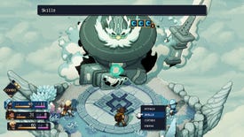 Three pixel people fight a massive giant in the clouds in a screenshot from Sea Of Stars