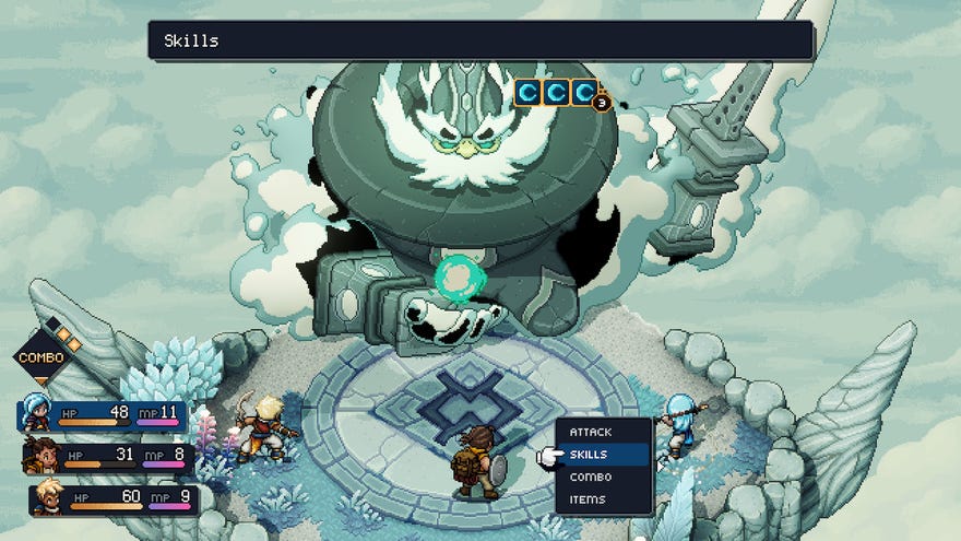 Three pixel people fight a massive giant in the clouds in a screenshot from Sea Of Stars