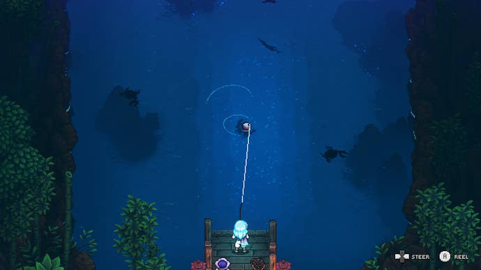 Screenshot from Sea Of Stars, showing the fishing mini-game as Valere reels in a catch.