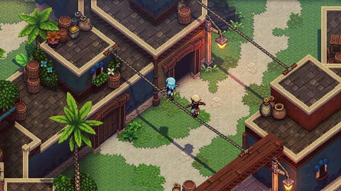 Screenshot from Sea Of Stars, showing two characters balancing along a rope