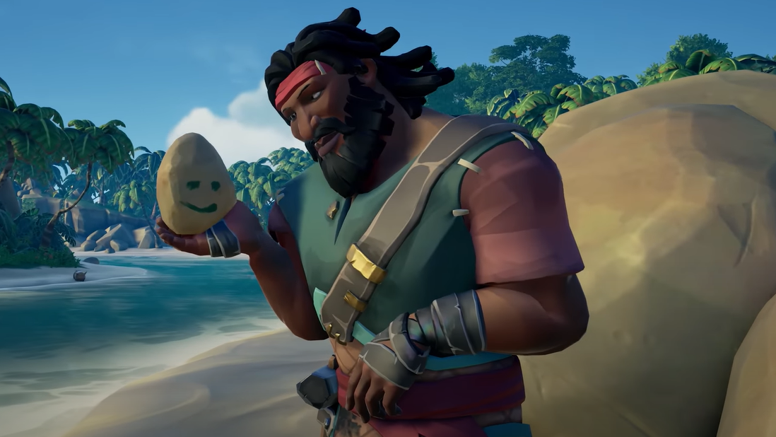 A screenshot from Sea Of Thieve&rsquo;s January 2023 update showing a character holding their pet rock