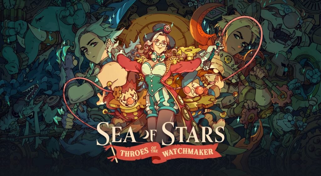 An artwork for Sea of Stars DLC Throes of the Watchmaker, depicting a sinister festive woman with her arms spread with characters arranged behind her and lots of colourful circus robots in the backdrop - 1