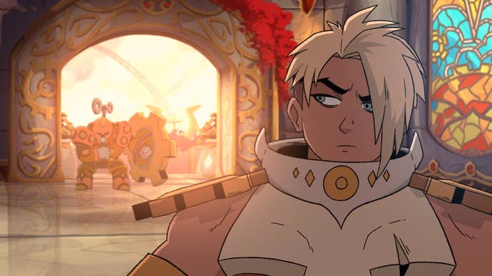 Sea of Stars screenshot of animated trailer showing blonde man in armour side-eyeing a clockwork enemy