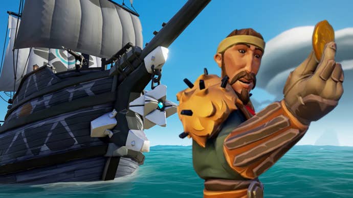 Sea of Thieves image showing a ship in the sea and a male pirate both with Destiny 2 inspired cosmetics