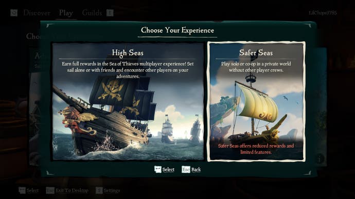 The High Seas and Safer Seas screen in Sea Of Thieves, with the Safer Seas option selected