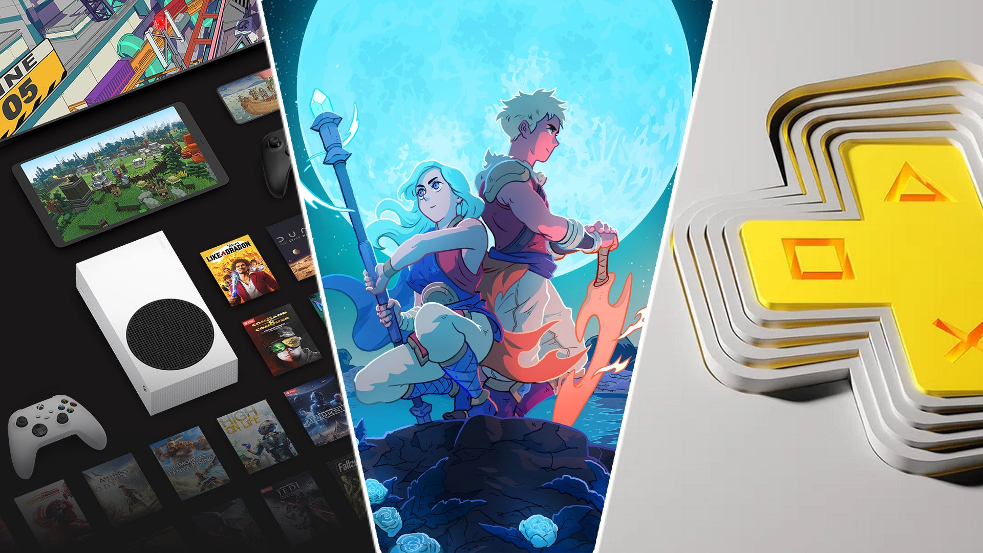 Split image with Xbox Game Pass marketing materials, Sea of Stars key art, and the PS Plus logo