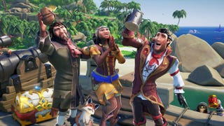 Three pirates, two raising glasses, cheer in Sea of Thieves