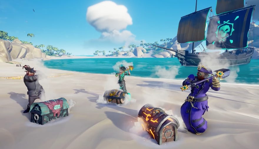 Three pirates dig up treasure chests while a ship sets sail behind them in Sea Of Thieves