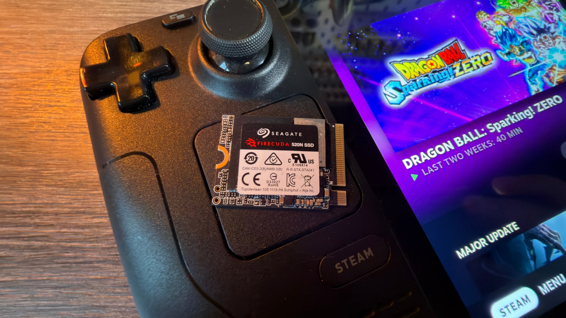 The SeaGate Firecude 520N SSD, sat on top of a Steam Deck.