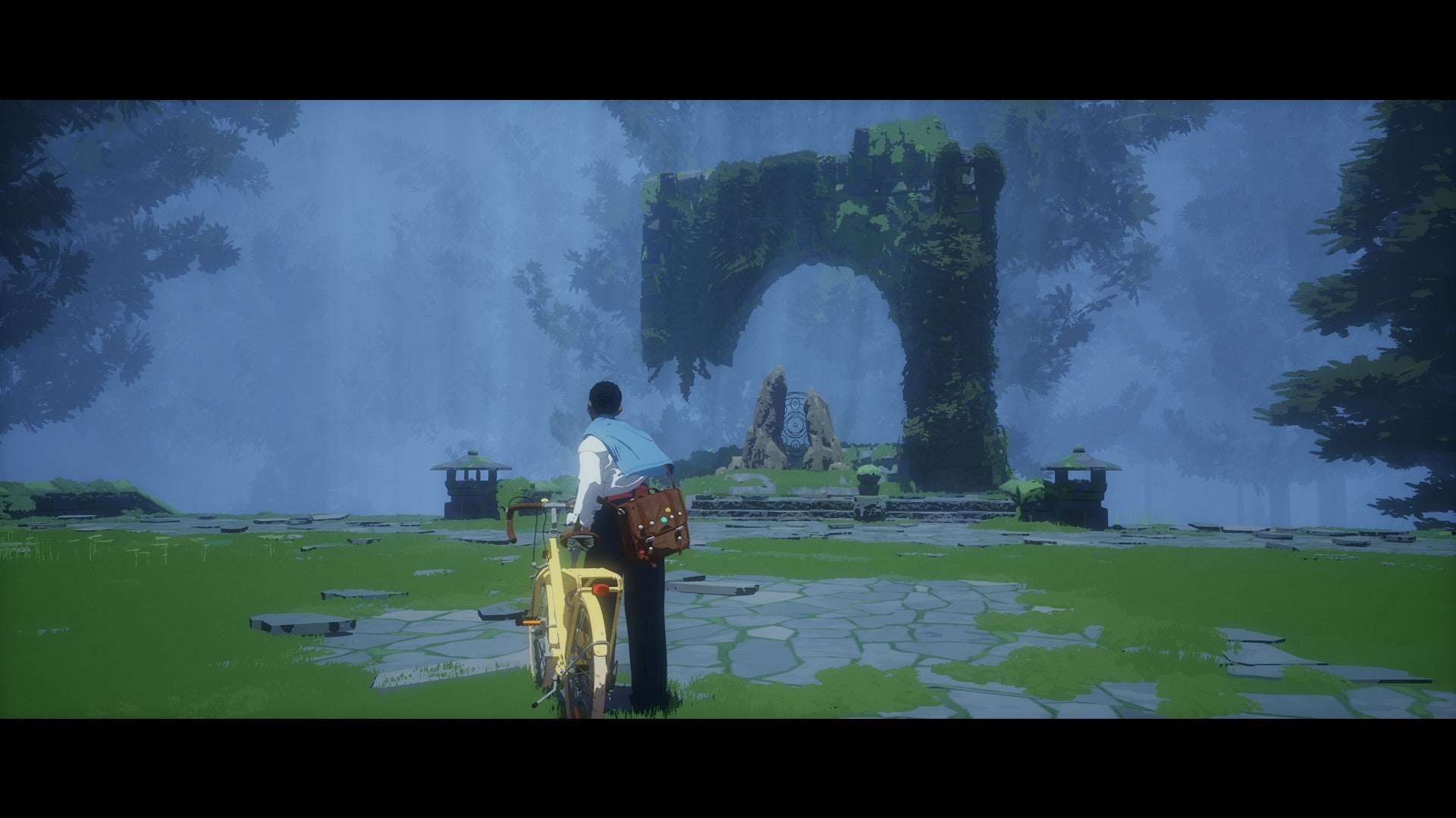 Estelle from Season holds her bicycle as she looks at a broken stone archway in a forest