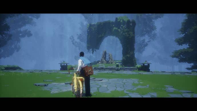 Estelle from Season holds her bicycle as she looks at a broken stone archway in a forest