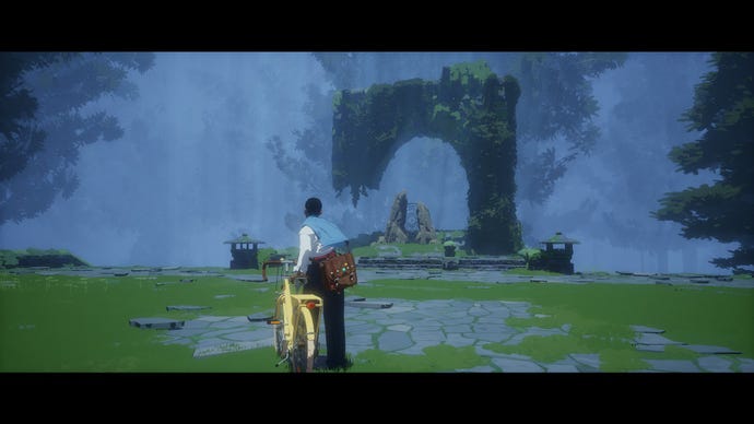 Estelle from Season holds her bicycle as she looks at a broken stone archway in a forest