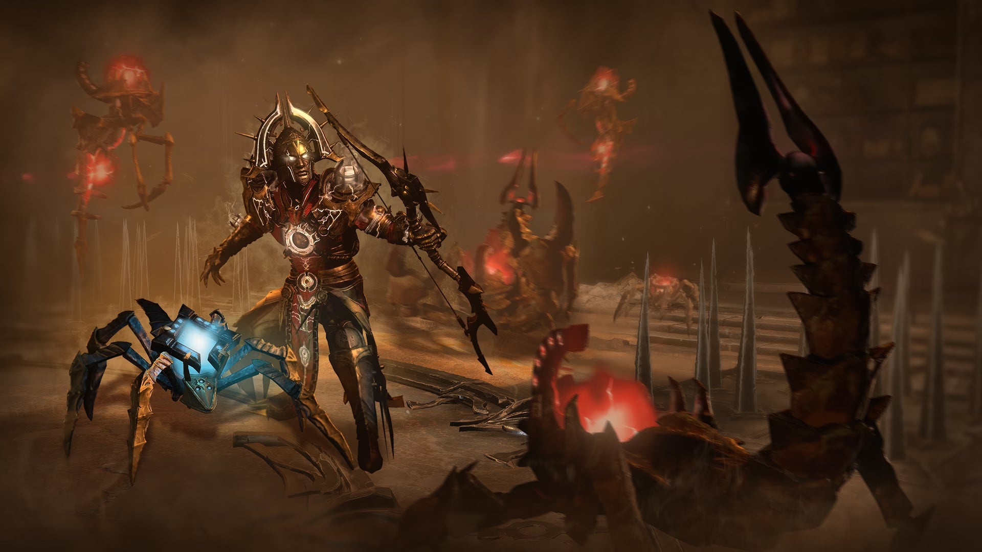 A warrior and a spider bot fighting foes in Diablo 4's Season of the Construct dungeons - 1