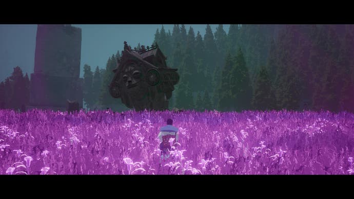 Season review - the character walking through a lush field of bright pink-purple plants
