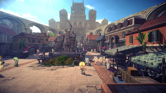 A screenshot of Star Ocean Second Story R, a remake showing a full city shot, packed with detail and bright colours, and a small pixel protagonist in the middle of it all.