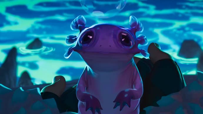 Secret Level trailer screenshot showing adorable purple alien with big eyes