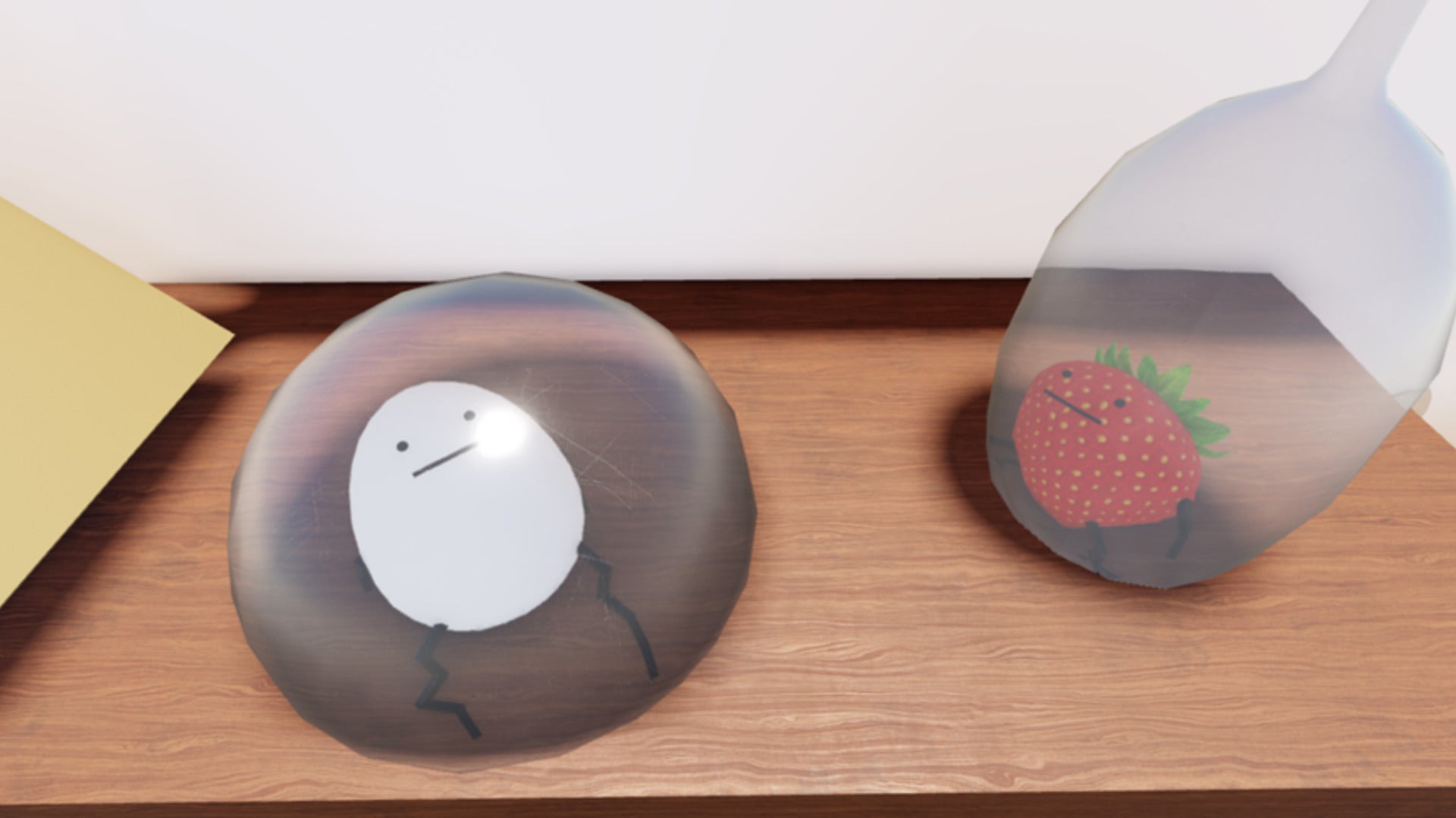 Key artwork from Roblox's Secret Staycation - showing an egg and a strawberry each trapped under glasses - is shown