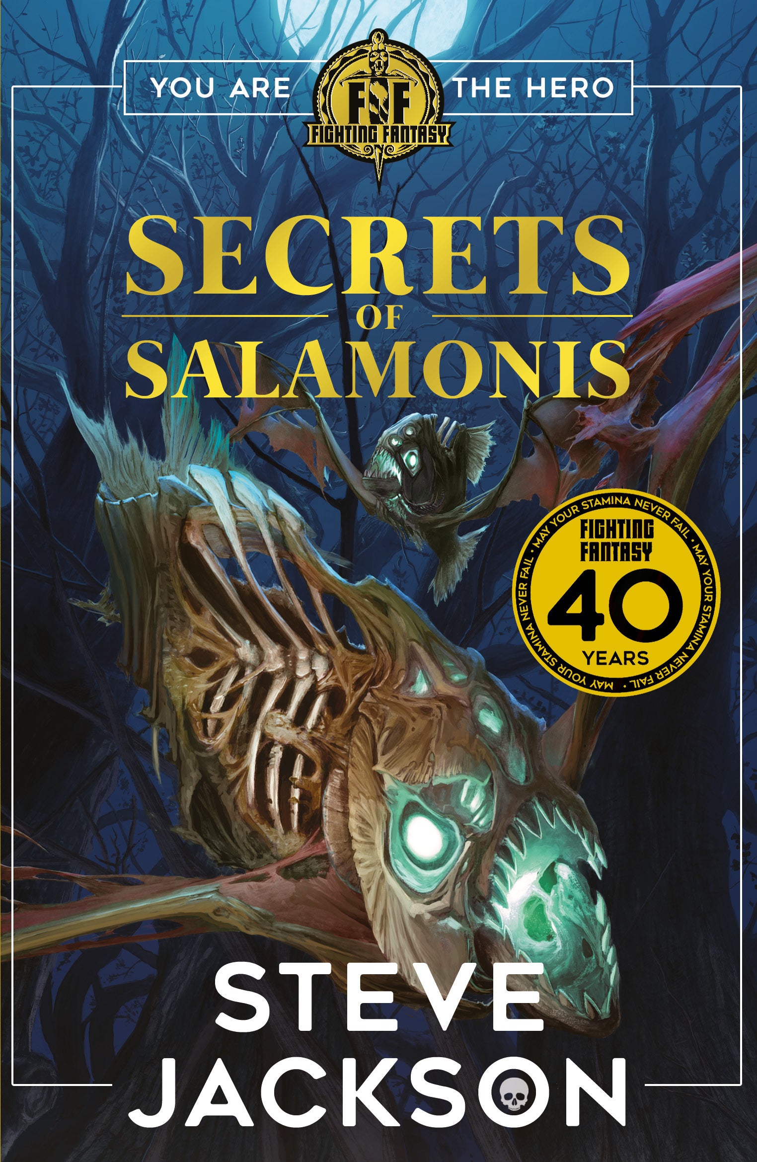 The cover of Steve Jackson&rsquo;s new Fighting Fantasy book, Secrets of Salamonis. A magical, skeletal fish swims across the cover.