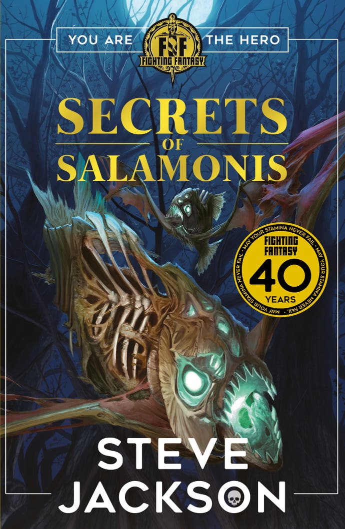 The cover of Steve Jackson's new Fighting Fantasy book, Secrets of Salamonis. A magical, skeletal fish swims across the cover.