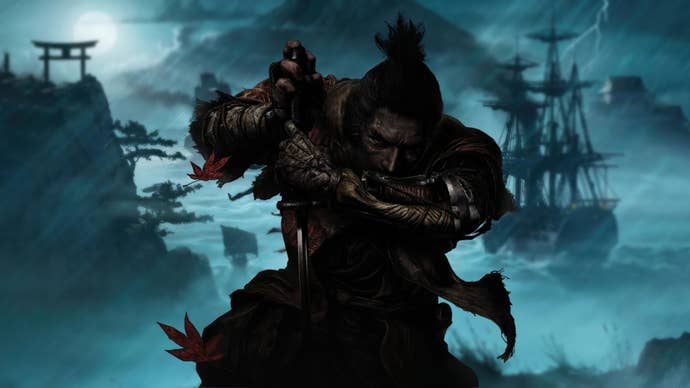 A blacked-out silhouette of Sekiro’s main character sits over the art for Rise of Ronin