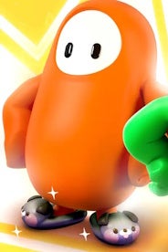 orange fall guy with the doggo slippers equipped