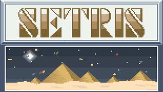 Pixel pyramids and sandy dunes sit under the logo for Setris