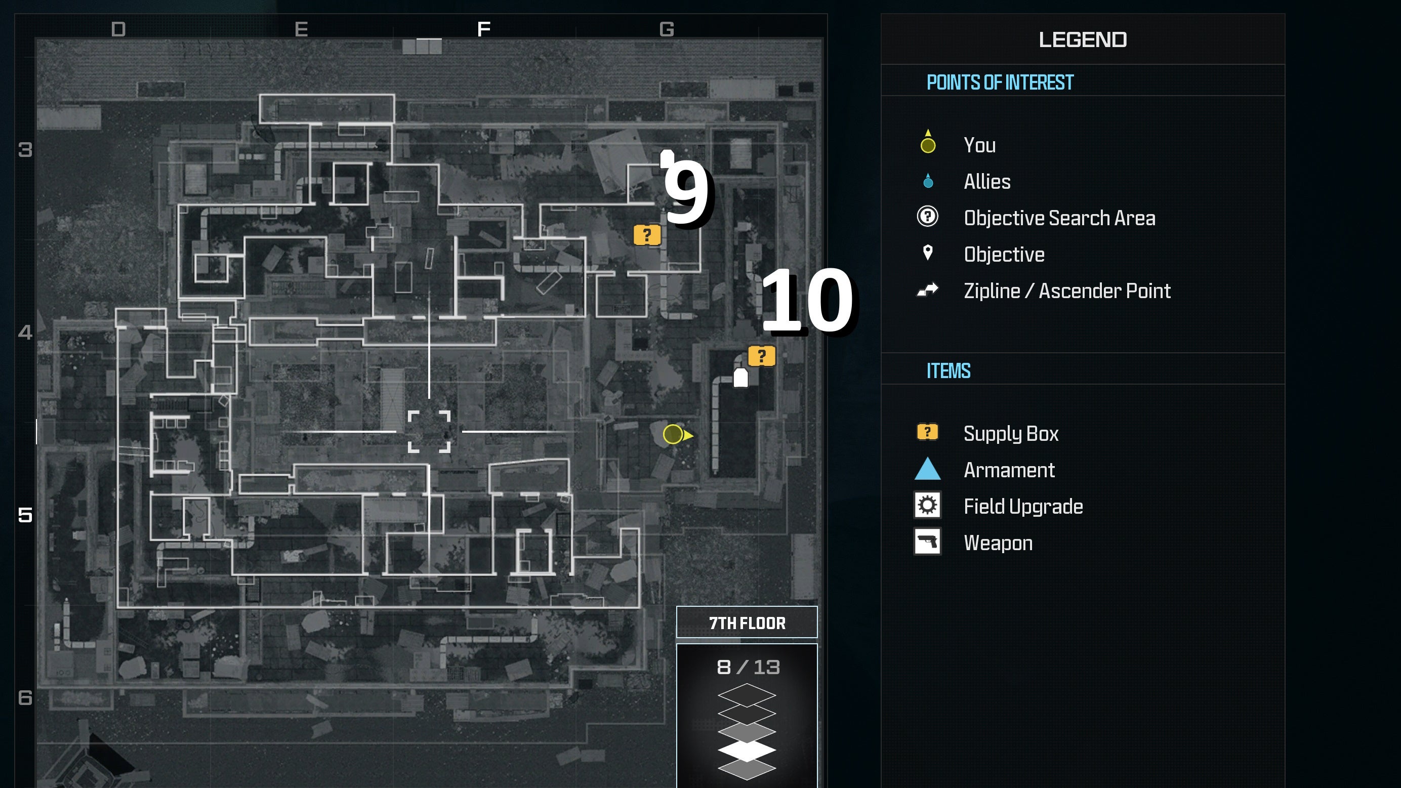 tactical map view of the supply box locations numbered on the seventh floor of the highrise level