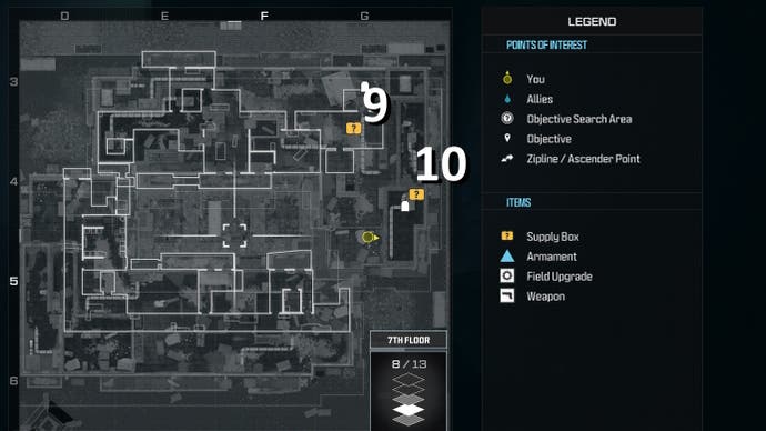 tactical map view of the supply box locations numbered on the seventh floor of the highrise level