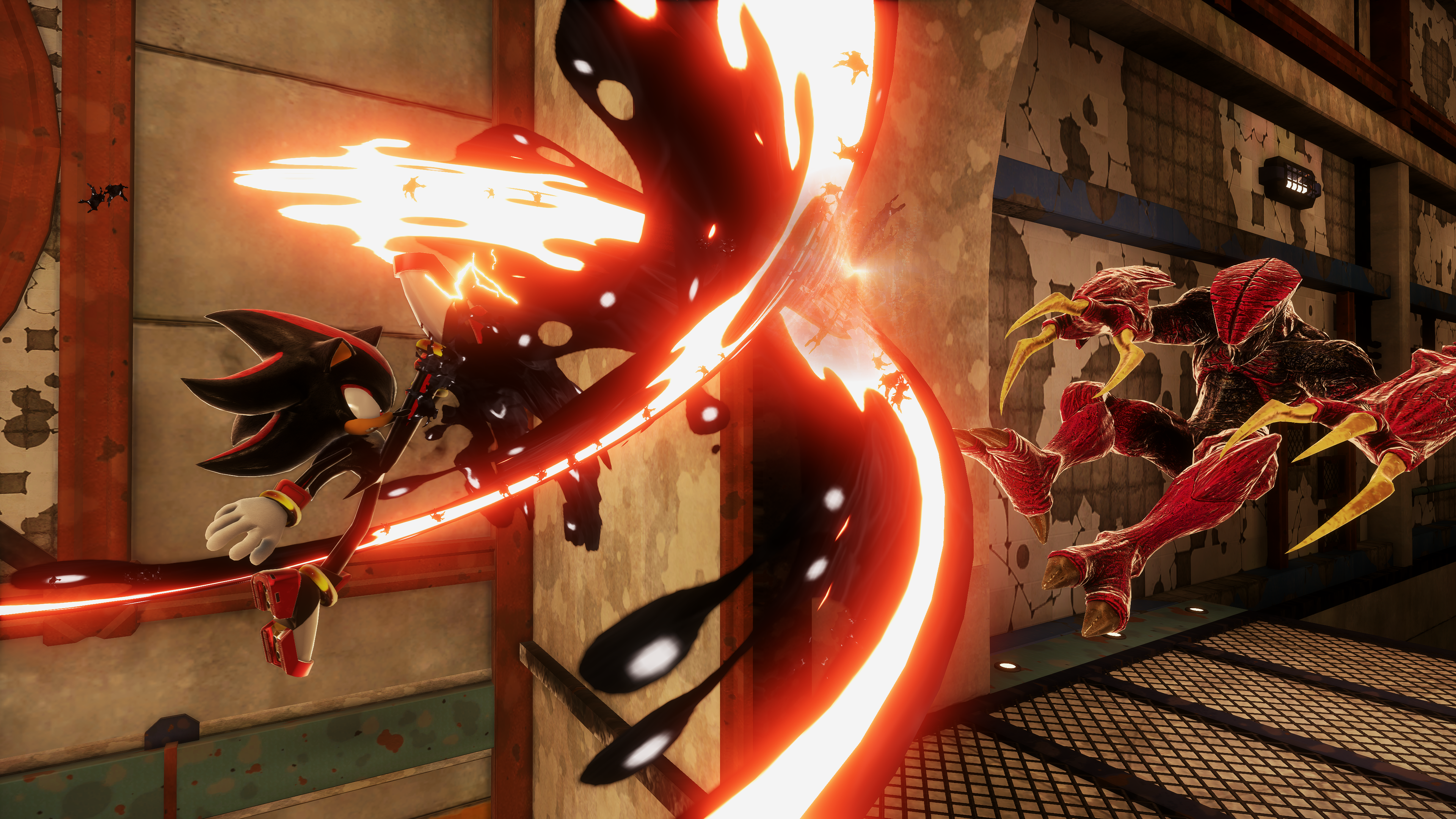 Shadow the Hedgehog attacks a robot in a Japanese themed level.