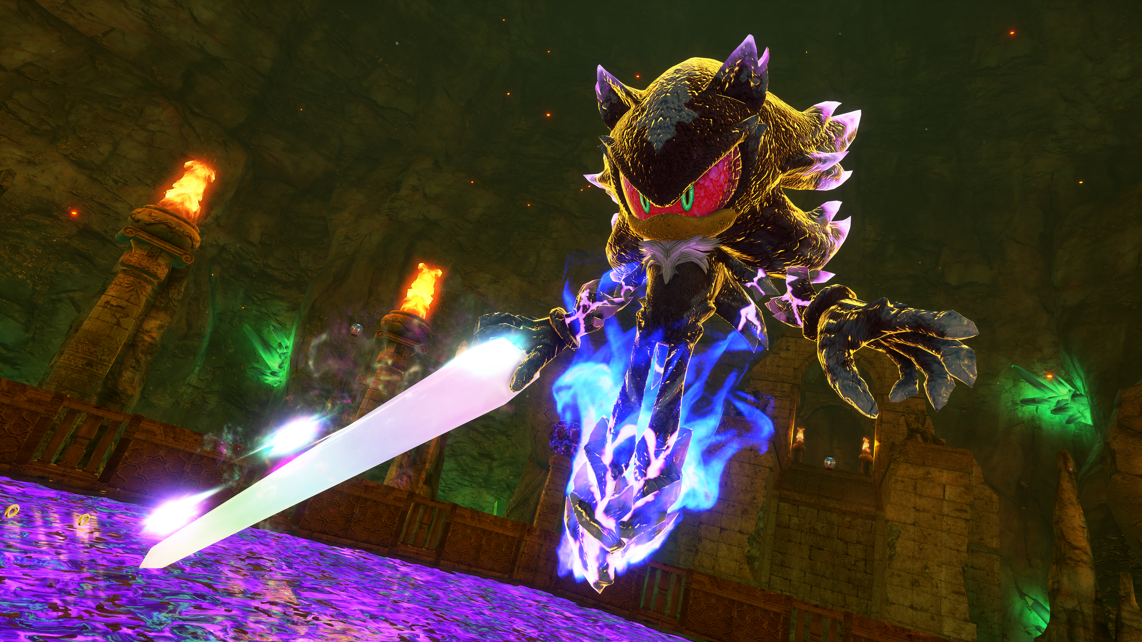 A powered-up Shadow the Hedgehog hovers menacingly, with an energy sword.