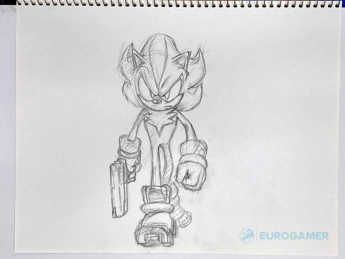 Sketch of Shadow the Hedgehog walking straight on holding a gun