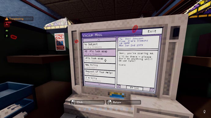 Reading the emails on a old CRT computer monitor in Shadows Of Doubt