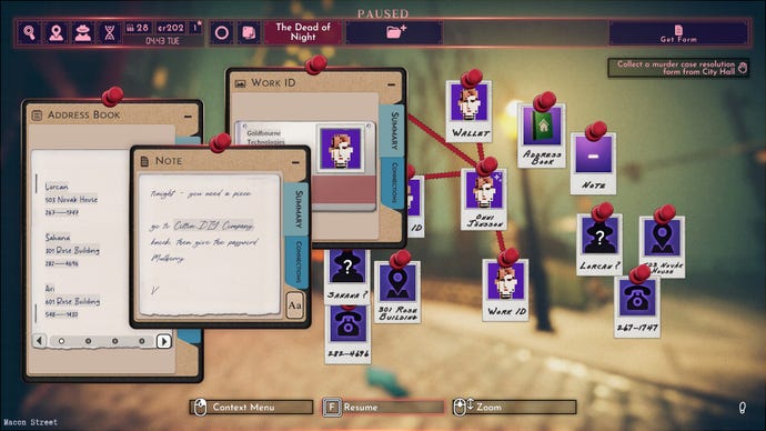 A investigation inboard displaying clues connected by red string in Shadows Of Doubt