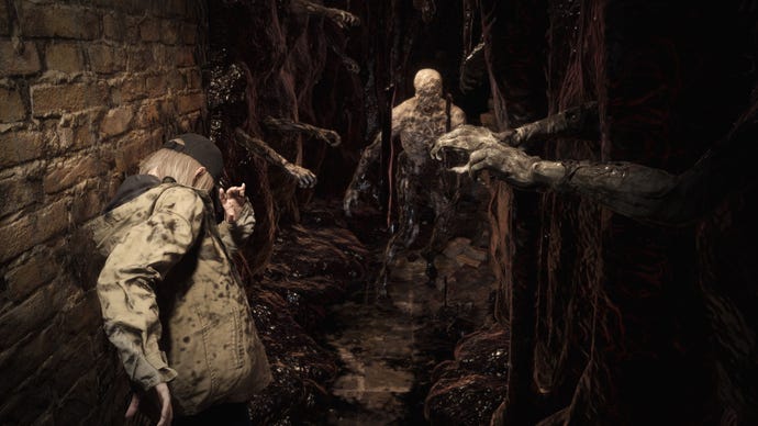 A blone-haired girl stumbles through muck and gore in a narrow corridor with a zombie in front of her in Resident Evil Village’s Shadows Of Rose DLC