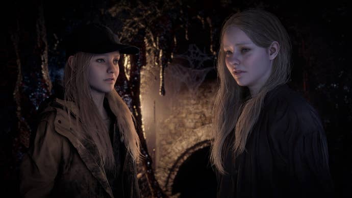 Two identical blonde haired girls look scared in a dark dungeon in Resident Evil Village’s Shadows Of Rose DLC