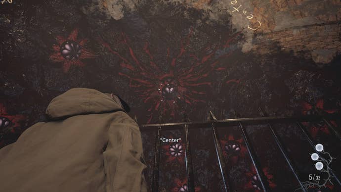 Rose Winters looks at a sclerotia on the ceiling in Resident Evil Village's Shadows of Rose DLC