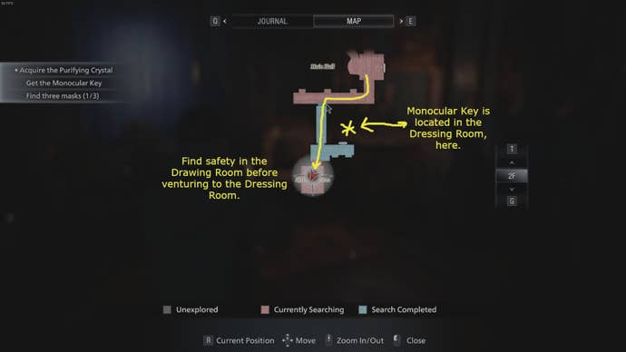 An annotated map of floor 2 of Castle Dimitrescu in Resident Evil Village's Shadows of Rose DLC