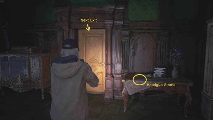 Rose Winters looks toward a door and some ammo in Resident Evil Village's Shadows of Rose DLC
