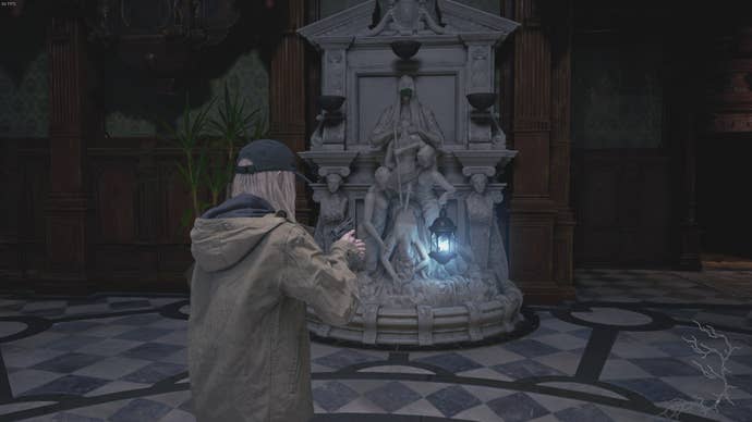 Rose looks at the statue where all three masks must be placed in Resident Evil Village's Shadows of Rose DLC