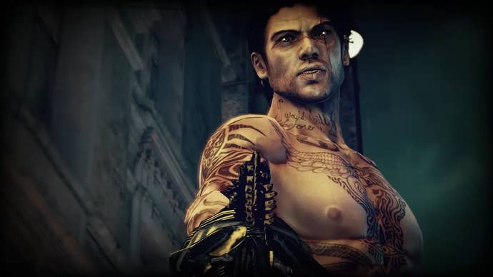 Close up of topless protagonist Garcia from Shadows of the Damned, aiming a weapon
